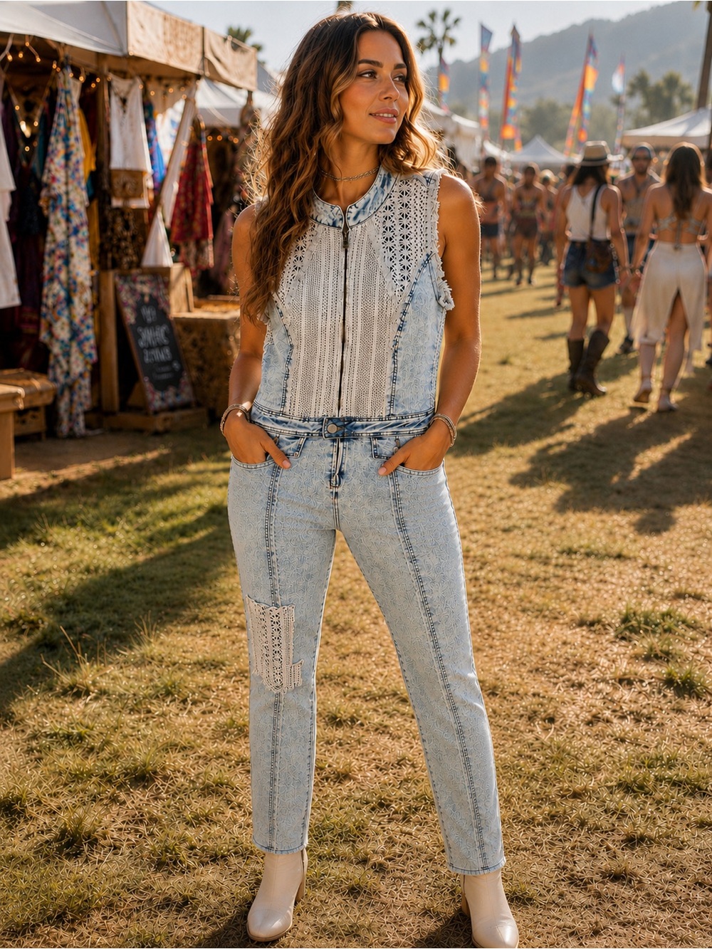 POL Light Blue Denim Lace-Trim Women’s Overalls